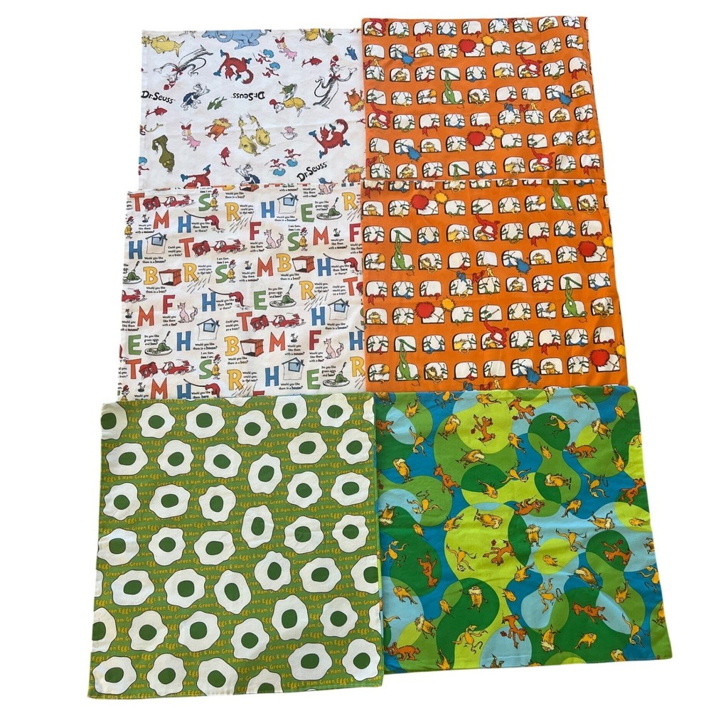 Dr Seuss Cotton Fabric Placemat Napkin Square Green Eggs‎ Ham Lorax Set of 6 90s